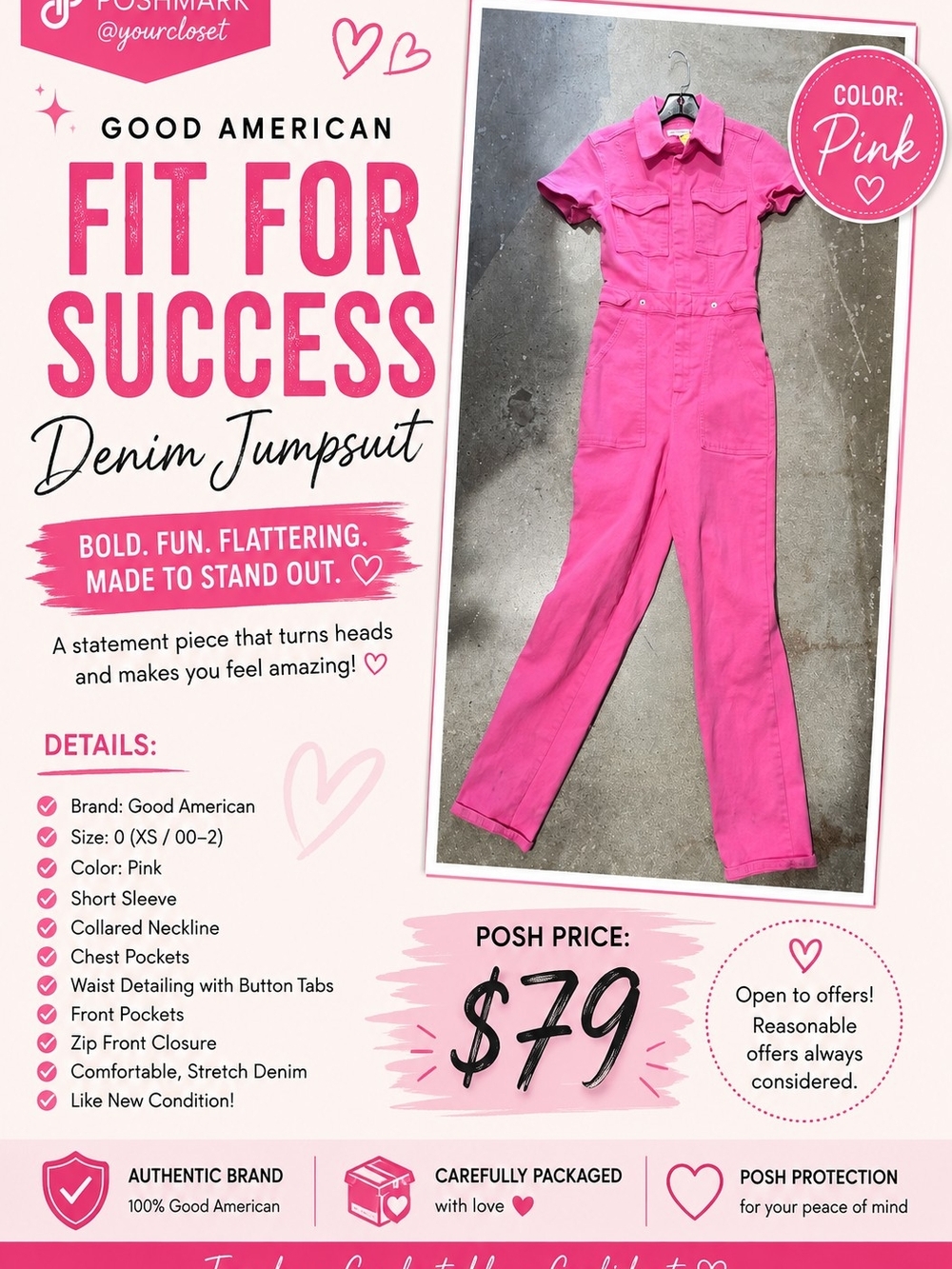 Good American Hot Pink Denim Utility Jumpsuit